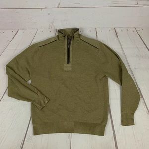 Orvis 1/4 Zip Sweater Medium Tan Green Leather Accents Vintage Fishing